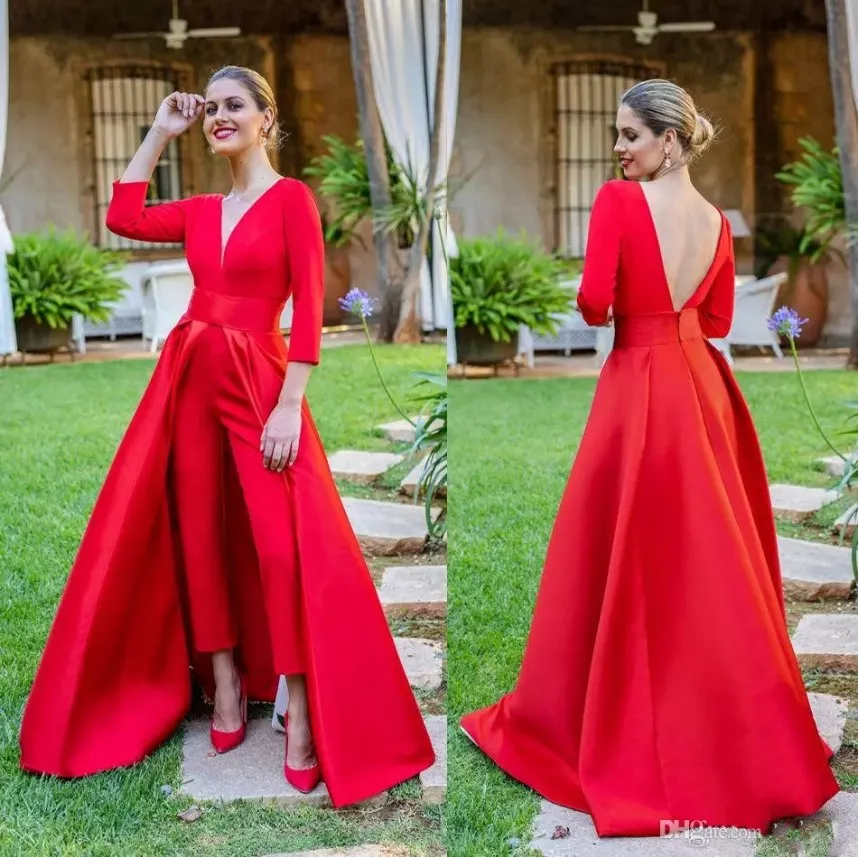 Krikor Jabotian Elegante mono rojo Vestidos de noche con tren desmontable Cuello en V Vestidos de noche sin espalda Vestido de fiesta de manga larga Vestidos de baile