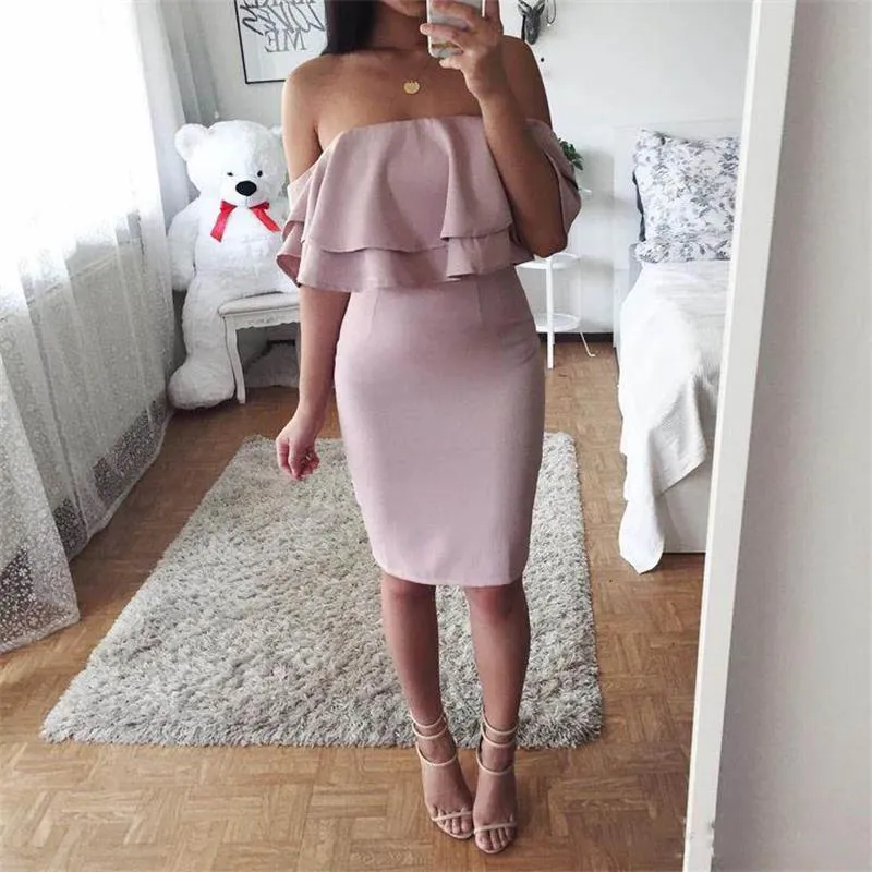 Pink Off Shoulder 2018 Cocktail Party Wear Dresses Satin Sleeveless Knee Length Modern Ruffles High Quality Prom Dress From Wedding dressstore 105.62 DHgate.Com