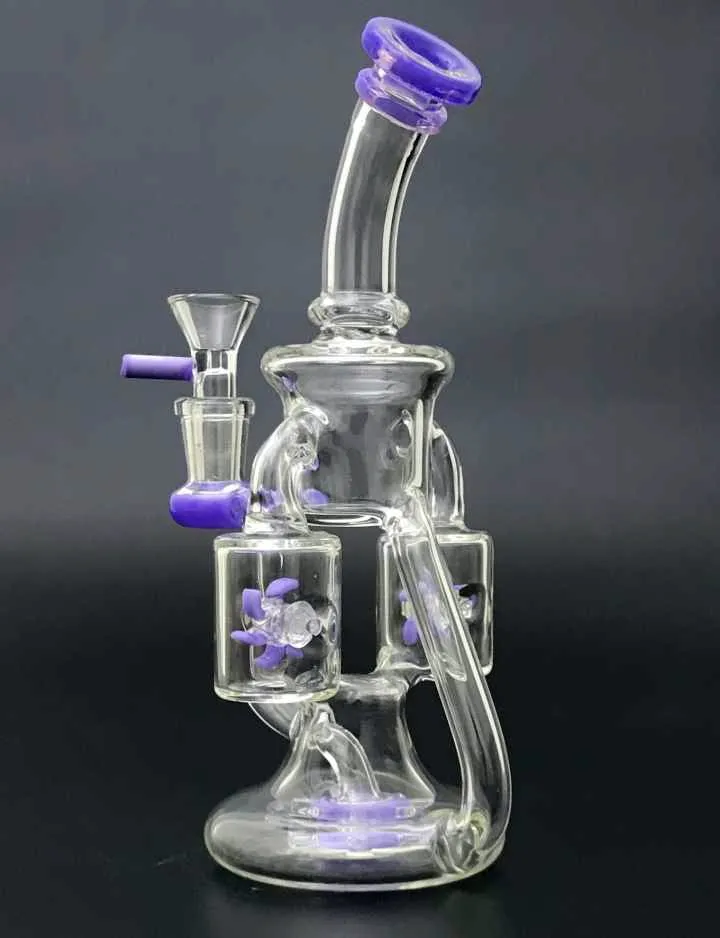 DHL Free Double Recycler Rig Unique Glass Bong Showerhead Perc Dab Rig Propeller Percolater Waterpipes Purple Green Glass Water Bong XL167