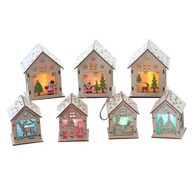 Christmas Ornaments LED wooden hanging house Christmas Decorations with Lights Mini model Hanging Decor Ornaments for Home