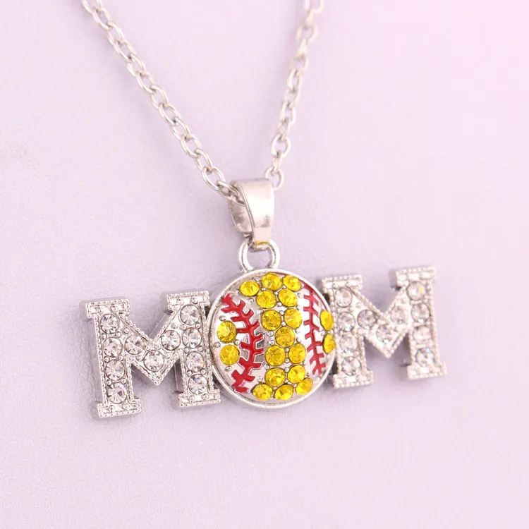 Gorąca Sprzedaż Softball Sports Wisiorek Naszyjnik Mom List White Yellow Crystal Kryształ Rhinestone Ball Charm Link Łańcuch do zespołu Fani Biżuteria