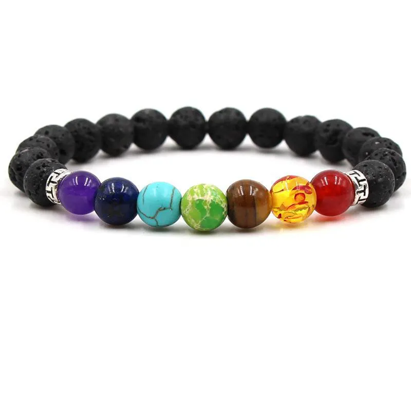 7 Style Rainbow Chakras Essential Oil Perfume Diffuser 8mm Black Lava Stone Beads Bracelet Rainbow Balance Bracelet Stretch Men Jewelry