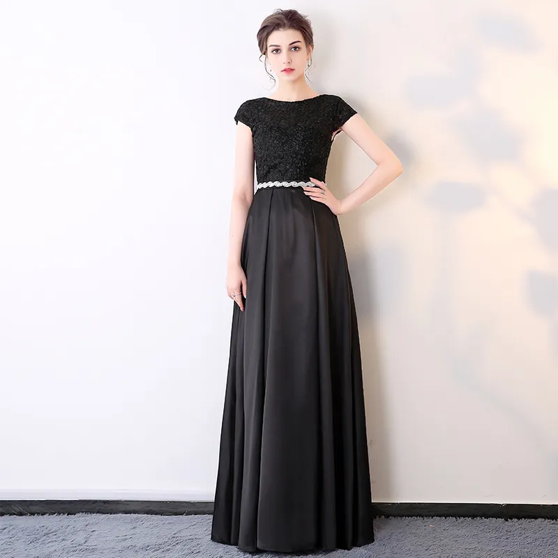Bateau Neck Satin Long Evening Dresses Gold Royal Blue Black Evening Gowns with Crystal Sash New Short Sleeves Prom Dresses