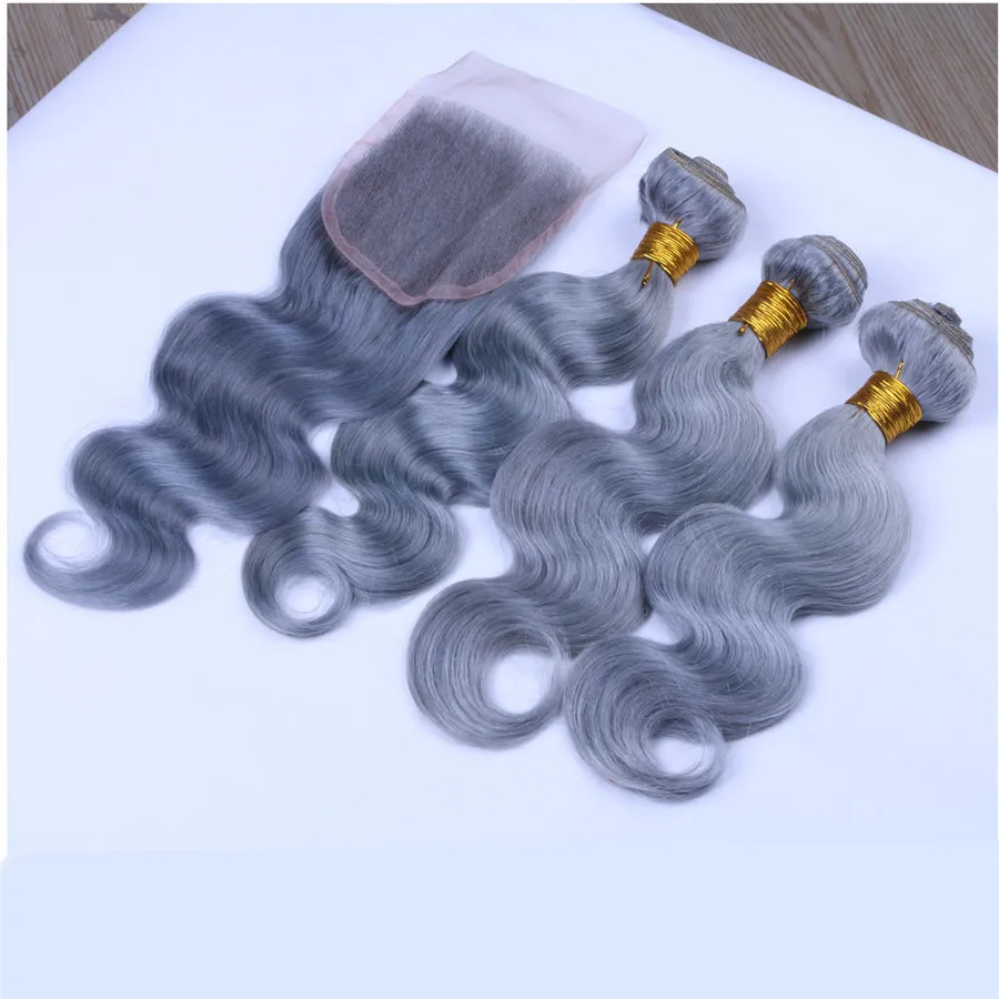 Ruma Hair Sliver Grey Pure Color Peruaans maagdelijk haar 3 bundels met vetersluiting Body Wave Goedkoop haar met 44 vetersluiting8411886