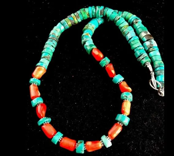 Native Turquoise Heishi Coral Sterling Silver Bead Necklace Rare