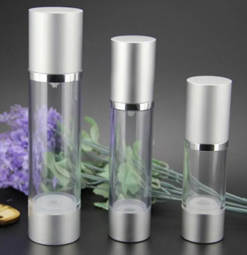 30ML Refillable Airless Lotion Pump Bottle With Silver Pump, Aluminum Over Cap vacuum cosmetic containers LX2267