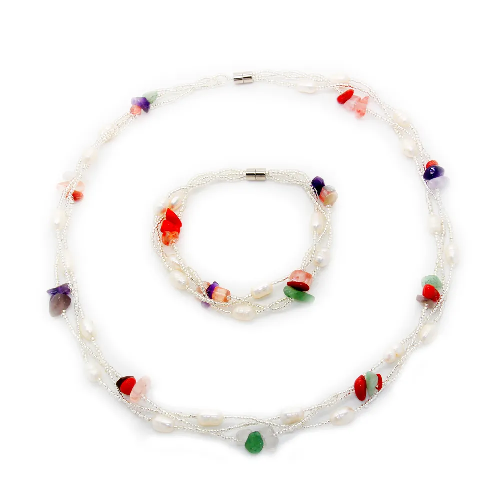 Natürliches Süßwasserperlen-Schmuckset, Halskette und Armband, 7–9 mm elliptische weiße Perle + Kristall und Türkis-Schmuckset