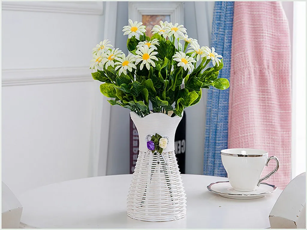 Yapay Plastik Rattan Çiçek Vazo Güller Çiçek Depolama Yuvarlak Sepet Ev Bahçe Düğün Dekorasyon Hediye