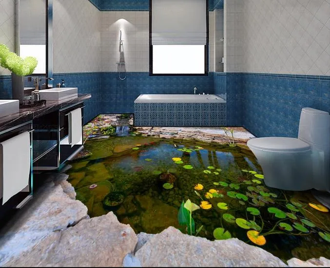 壁のための壁紙3 Dのための3 dのための3 d三次元池の池の石のrockery lotus leaf寝室の床の絵画