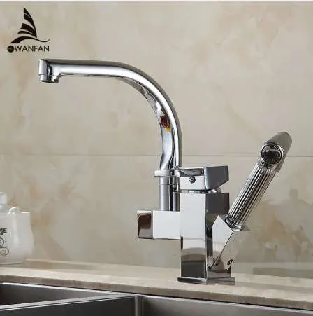 Keukenkranen Messing Chrome Keukengootsteen Kraan Trek uit Spuit Swivel Spout Single Hendel Deck Mount Mounty Mixer Taps HJ-8019