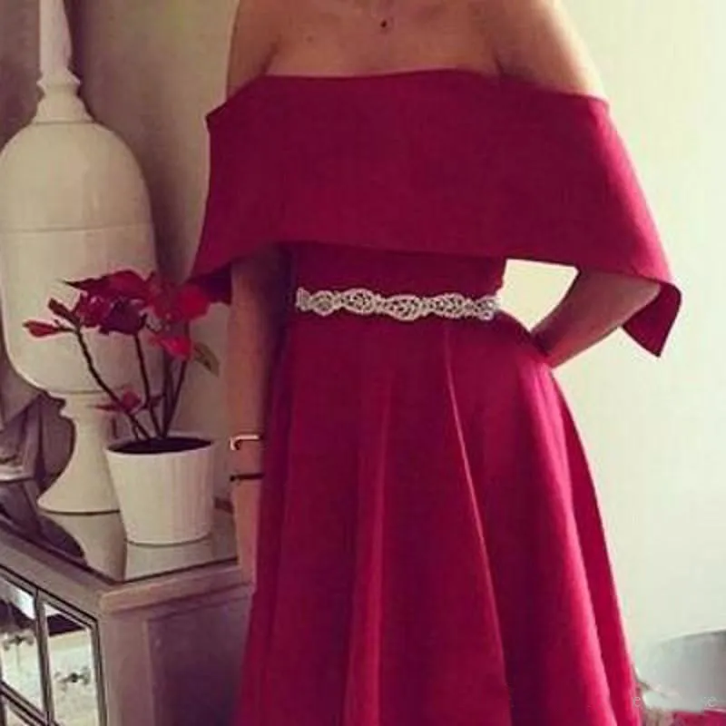 Elegant Red Evening Dressess Backless Sash Off the Shoulder Prom Dress Short Sleeve Special Occasion Dresses for Women Cheap