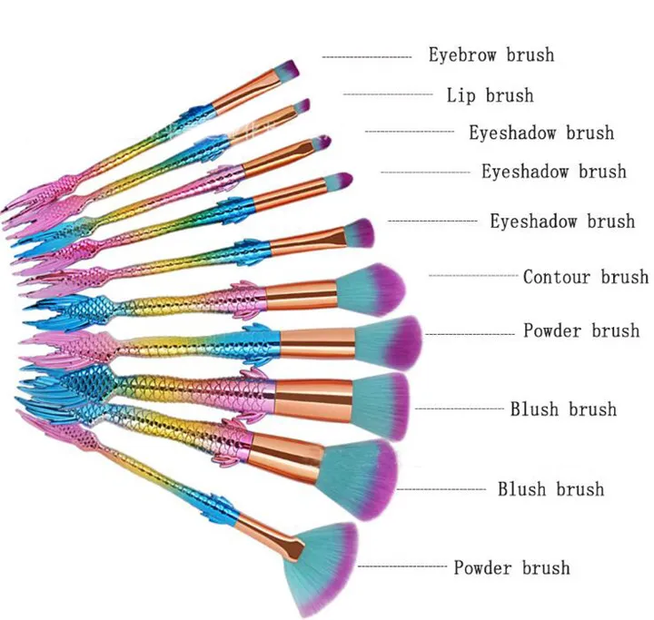 SıCAK 10 adet / takım Makyaj Fırçalar Set Kozmetik için göz farı Toz Allık Karıştırma Mermaid Fırça Kiti ile çanta