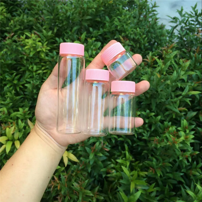 Glass Bottles Plastic Cap Pink Screw Transparent Glass Vials Plastic