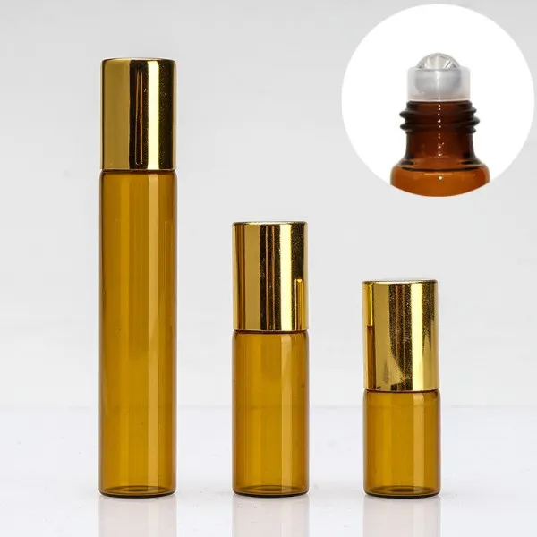 Amber 3ML 5ML 10ML Rollon Bottle For Essential Oils Stainless Steel Roller Refillable Perfume Bottle Deodorant Containers with Gold Lid