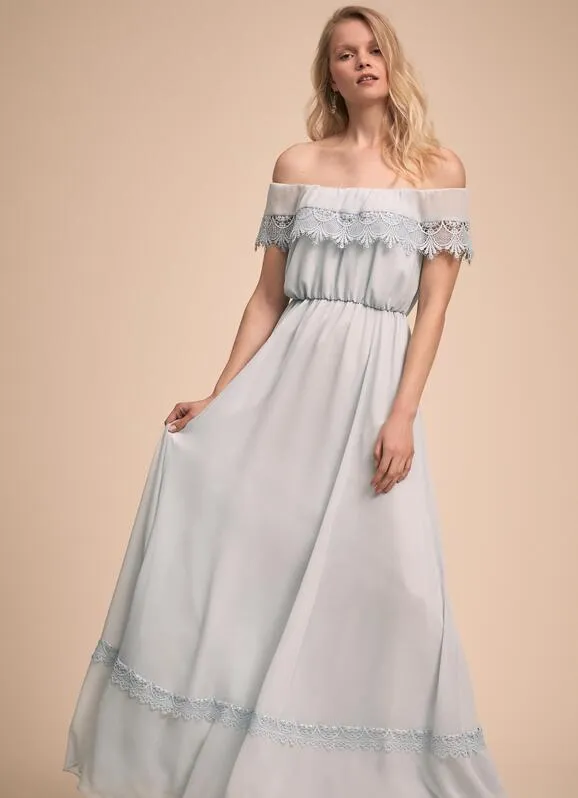 Bhldn Light Blue Sky Bruidsmeisjes Jurken Off The Shoulder Lace Maid of Honour Jurken Custom Made Chiffon Wedding Gast-jurk