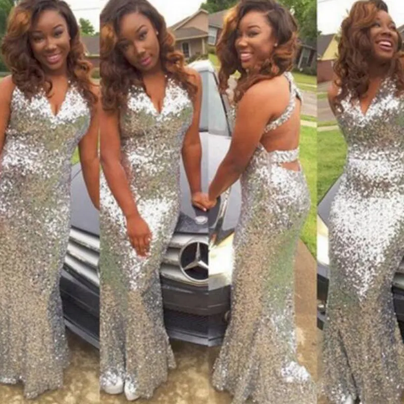 Bling Bling Silver Sequins Prom Dresses Plus Size Mermaid Formal Dress V Neck Sleeveless Sexy Backless Floor Length Evening Party Gowns Long From 112 22 DHgate