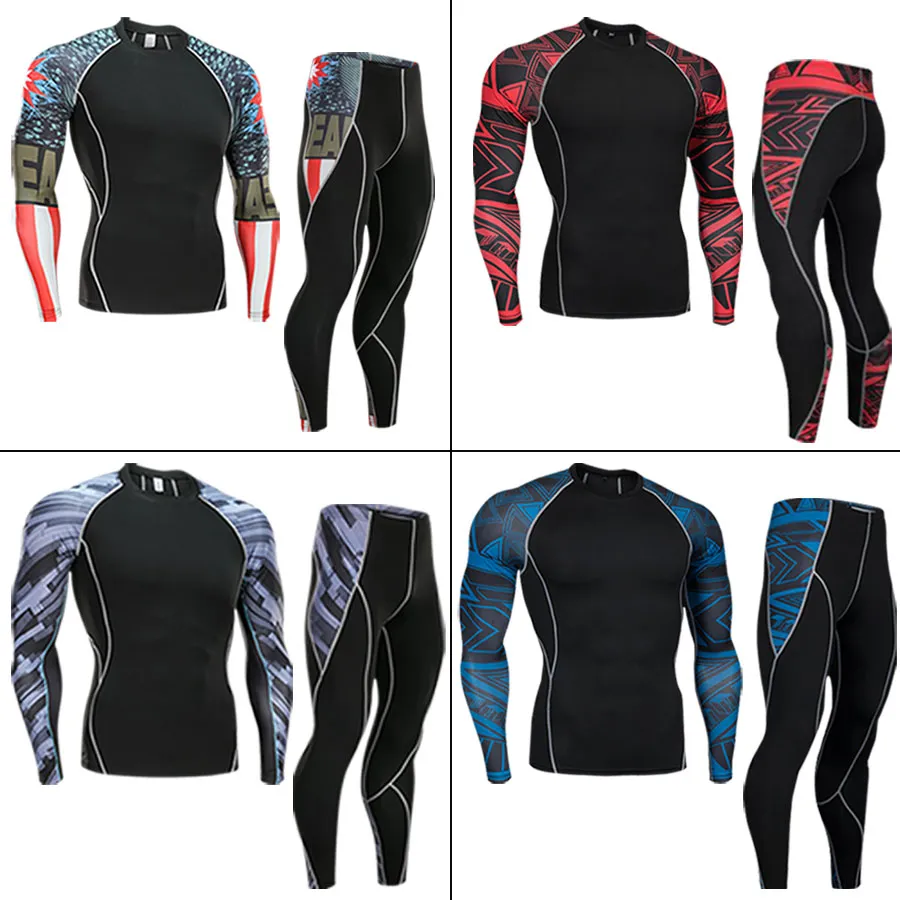 2019 NEW Mens Compression Set Running Tights Workout Fitness Training Tracksuit Long Sleeve Shirts Sport Suit rash guard kit 4XL