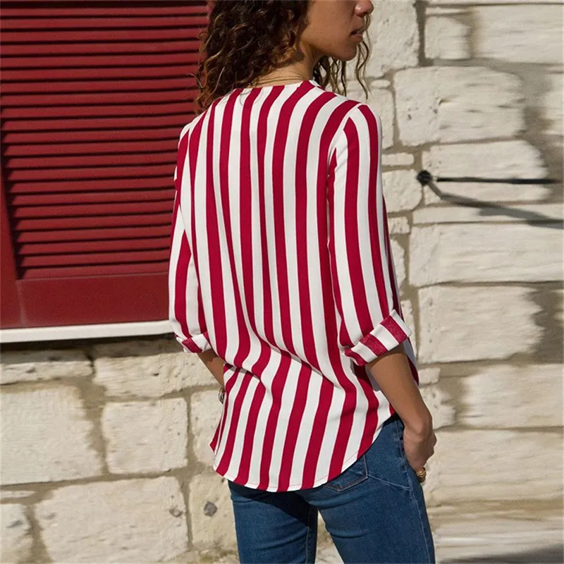 Blusa De Rayas Rojas Y Blancas Para Mujer 2018 Otoño E Invierno Con Cuello En V Tops Casuales Camisas De Gasa De Manga Larga Tallas Grandes Blusas Mujer De 17,78 | DHgate