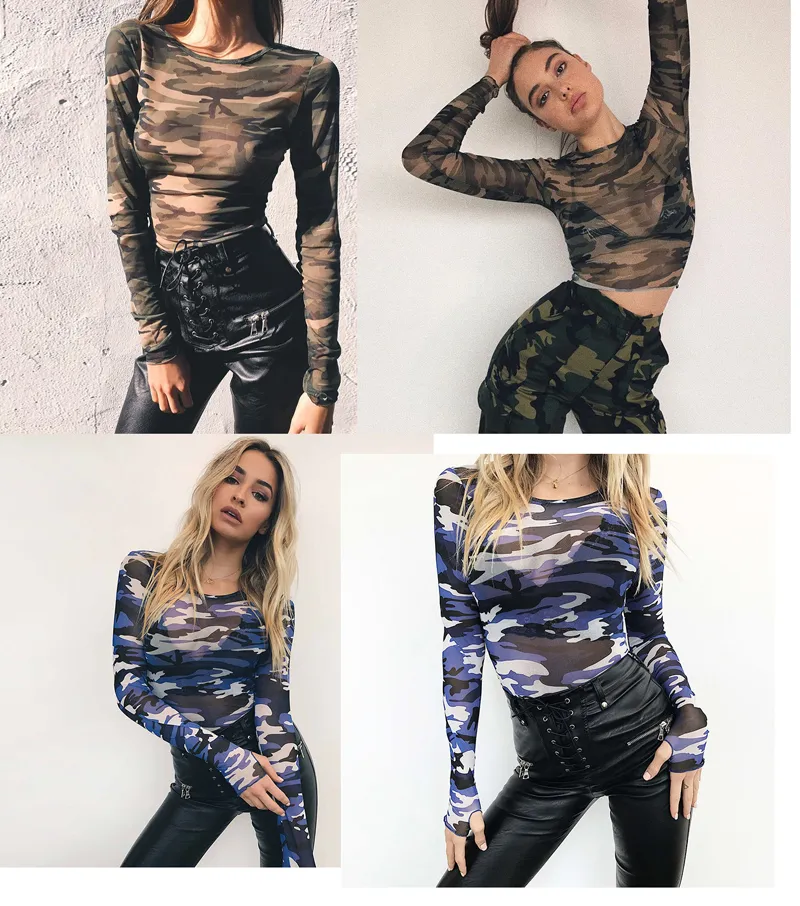 Sexig långärmad Sheer Mesh Militär Camo Camouflage T-shirt Tee Beskuren Beskära Topp Tvåfärgstorlek (S M L)