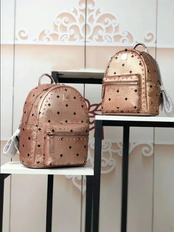 2018 new fashion Korean version M punk studded gold backpack men and women students bag travel backpack 02