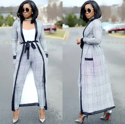 Sexy 2 Piece Set 2018 Fashion Women Plaid Long Trench Cardigan and Bodycon Pants Suit Summer Two Piece Outfits