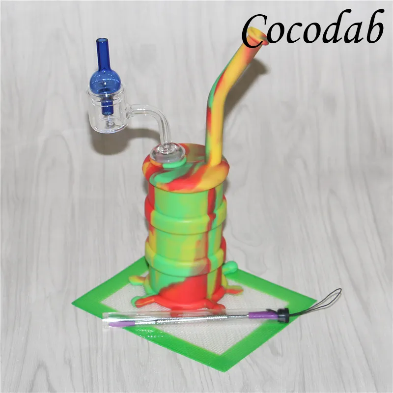 Cachimbas Mini Silicon Rig Dab Tubería de agua Oil Drum Rigs tuberías de agua de silicona burbujeador bong + esteras de silicona dabber herramienta térmica 4 mm cuarzo banger