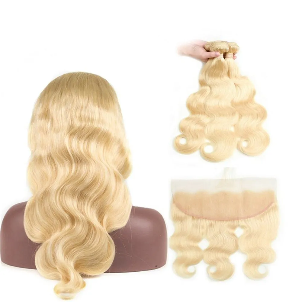 Paquets indiens de cheveux de vague de corps avec fermeture frontale en dentelle 613 cheveux humains blonds frontaux avec cheveux de bébé 3 paquets avec fermeture Extension Remy