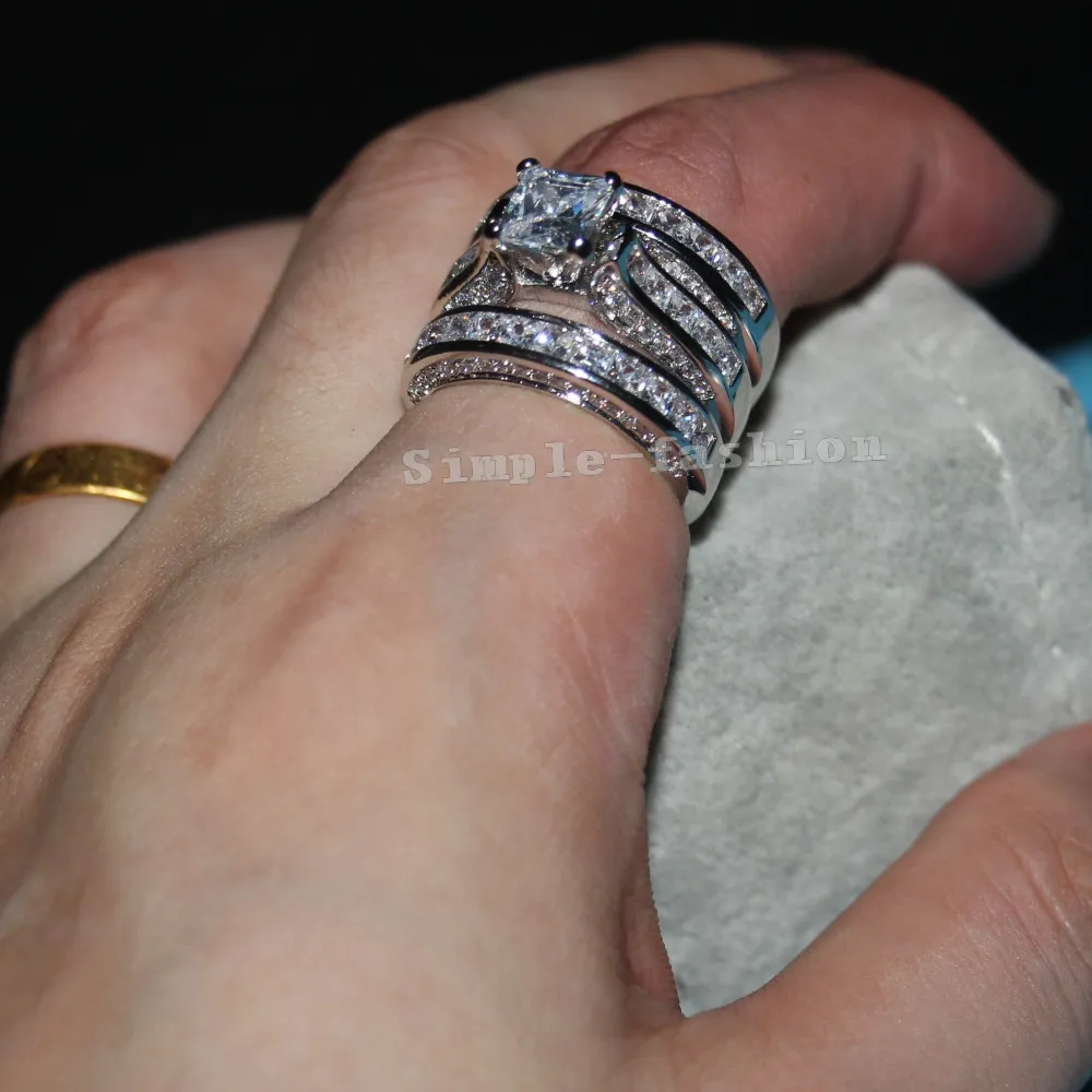 Choucong Luxus Frauen Mode Volle prinzessin schnitt 20ct Diamant Weißes Gold Füllte 3 Engagement Hochzeit Band Ring Set Geschenk