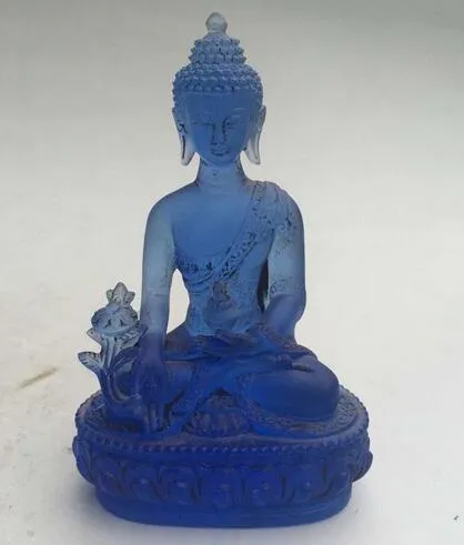 12 cm * / zeldzaam Blue Chines Crystal Glass Liuli Boeddhabeeld