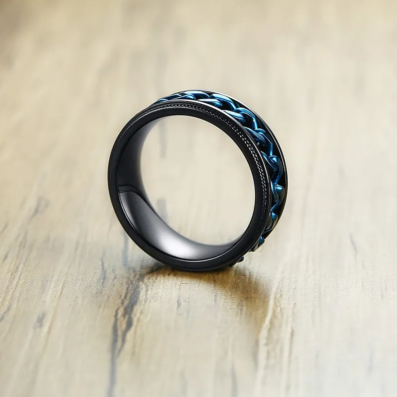 Gratis gravyr Svart rostfritt stål Spinnerband Ringar dekorerade kanter och roterande mittkedjelänkar Ring