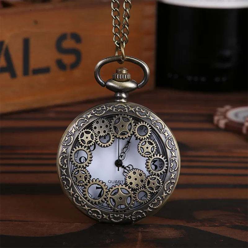 Partihandel 50st / Lot Pendant Chain Quartz Bronze Watch Gears Hollow Pocket Watch pw003