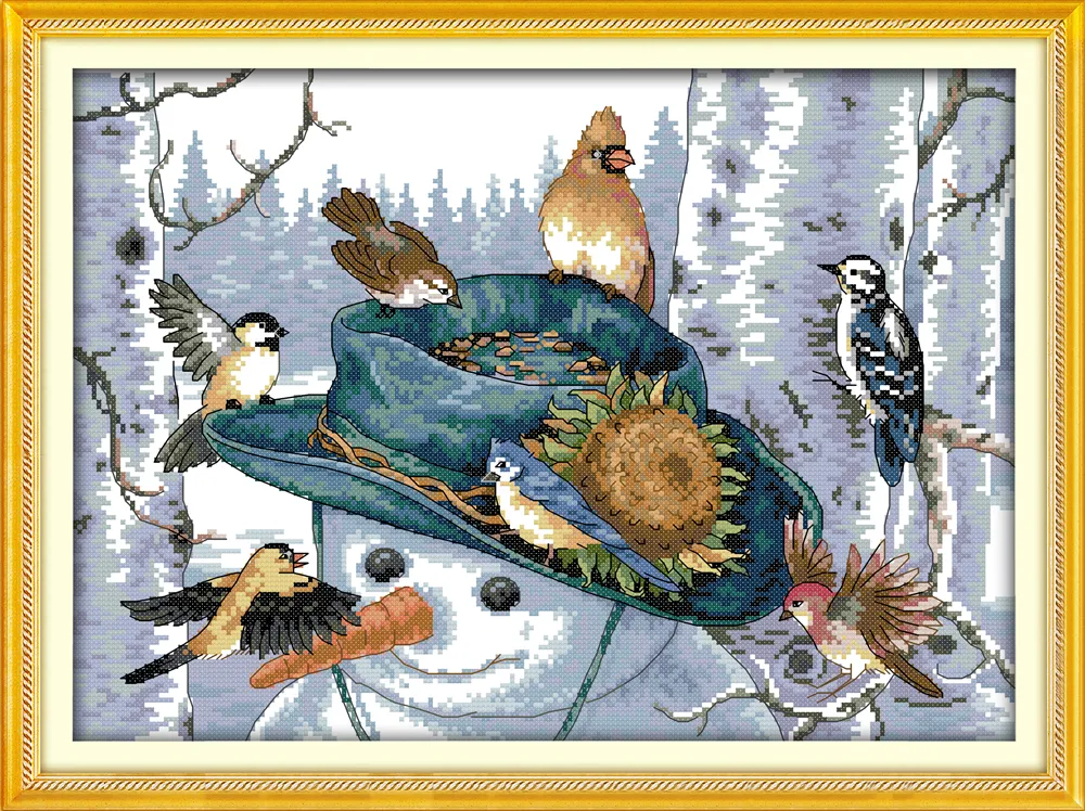 Snögubben med fågelinredningsmålningar, handgjorda korsstygnsverktyg Broderi Needlework Sets räknade utskrift på duk DMC 14ct / 11ct