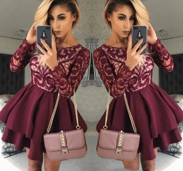 2019 Cheap Short Burgundy Homecoming Dress A Line Long Sleeves Juniors Sweet 15 Graduation Cocktail Party Dress Plus Size Custom Made