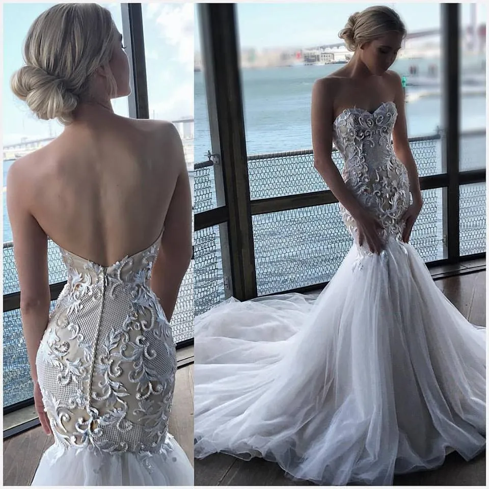 2019 Robes De Mariée Sirène Avec Slim Fit Chérie Dentelle Appliques Perles Balayage Train Sexy Plage Robe De Mariée Plus La Taille Robes De Mariée