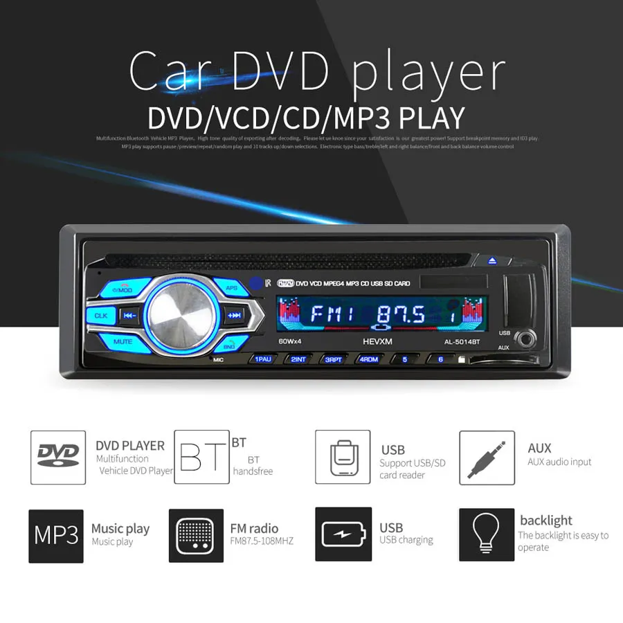 1 Din 12V Car DVD CD Player Vehicle MP3 Stereo Car Handfree