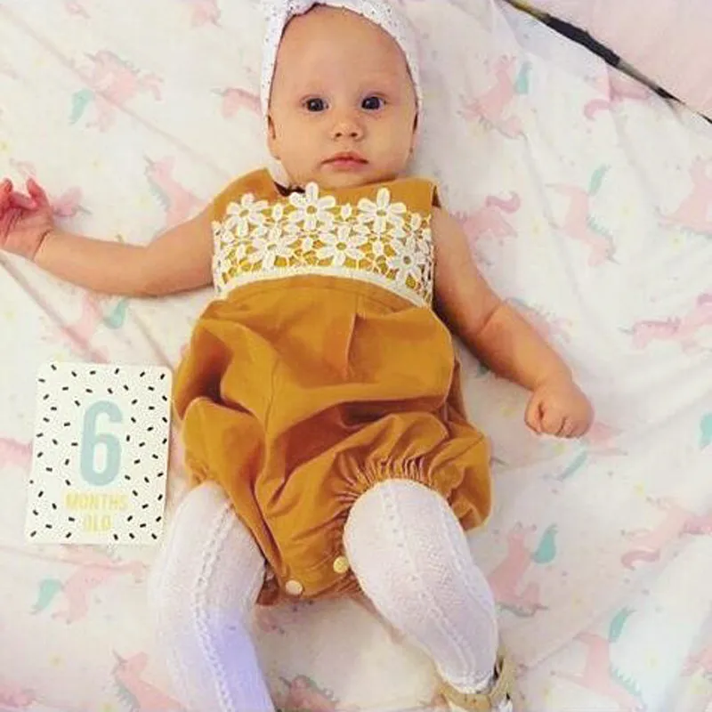 Lindo recém-nascido roupas de bebê meninas Romper Amarelo Outfits verão sem mangas Lace Romper macacão Sunsuit roupa do bebê da criança roupas 0-24M