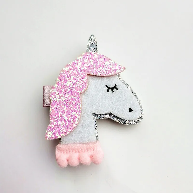 20 pz/lotto Nuovo Cavallo Colorato Bambini Glitter Feltro Tornante Animali Ragazza Cute Pink Unicorn Clip di Capelli Tornante In Pelle Sintetica Clip bambini