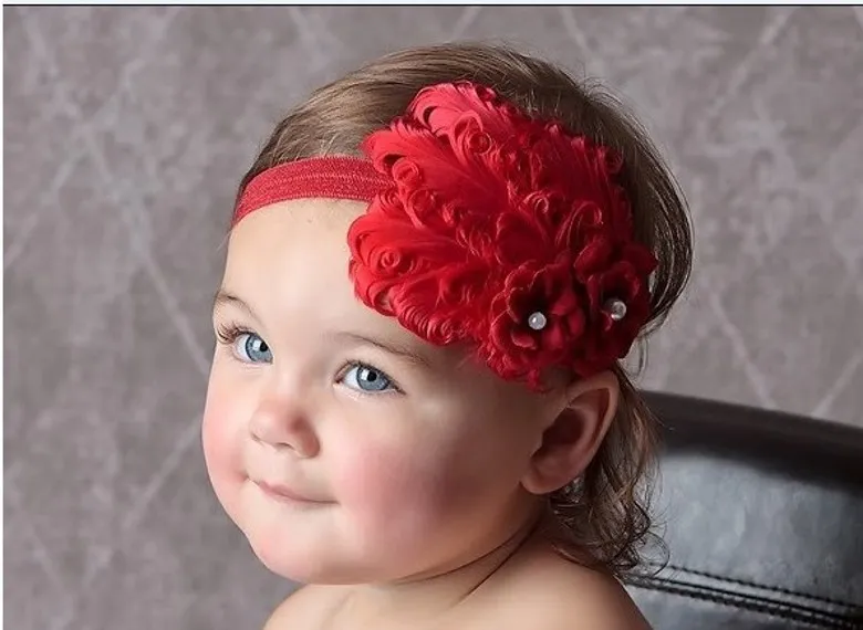 2017 Bebek Çiçekler Kafa Saç Bantları Şapkalar Çocuk Kırmızı Beyaz Tüy Headdress Çiçek Boncuk Gelin