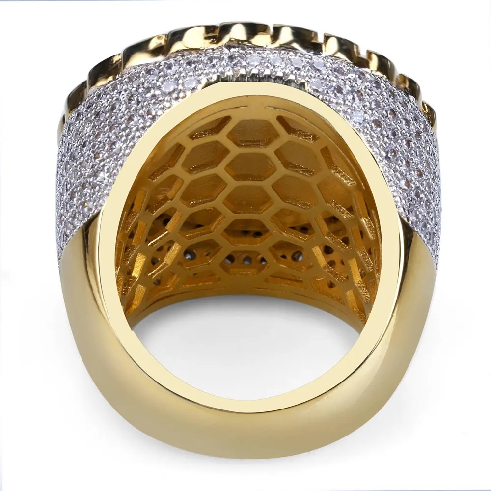 完全な銅誇張されたリング光沢のあるマイクロキュービックジルコニアイエスフェイスレアルゴールドメッキパンクフィンガージュエリーメンズヒップホップRIN285C