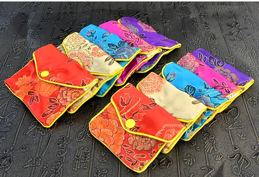 Floral Small Zipper Coin Pouch Chinese Silk Brocade Jewelry Pouch Packaging Bags Women Mini Purse Bag Wholesale 6x8 8x10cm 120pcs/lot