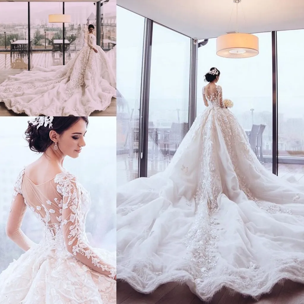 Abito da sposa con applicazioni di perline di perle di lusso Affascinanti abiti da sposa da principessa dell'Arabia Favoloso abito da ballo Abito da sposa con strascico in tulle