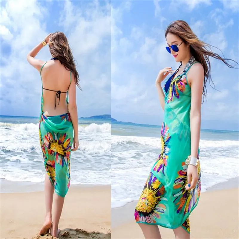 Hot Women Floral Bikini Cover Up Stampa Sexy Pareo Beach Dress Bohemian Sarong Chiffon Beach Bikini Wrap Costumi da bagno Sciarpa Scialle Brace 6 colori