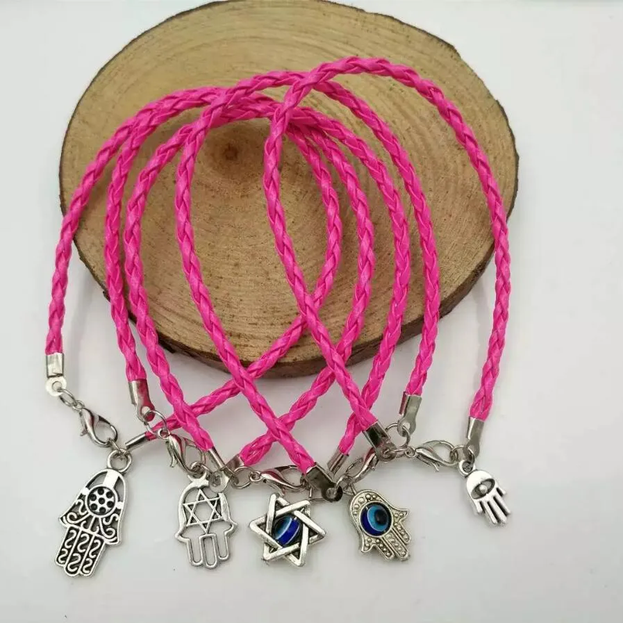 50 Pz/lotto Moda Vintage Argento Misto Kabbalah Mano di Hamsa Charms Pelle Rossa Buona Fortuna Braccialetti Braccialetti Gioielli A23