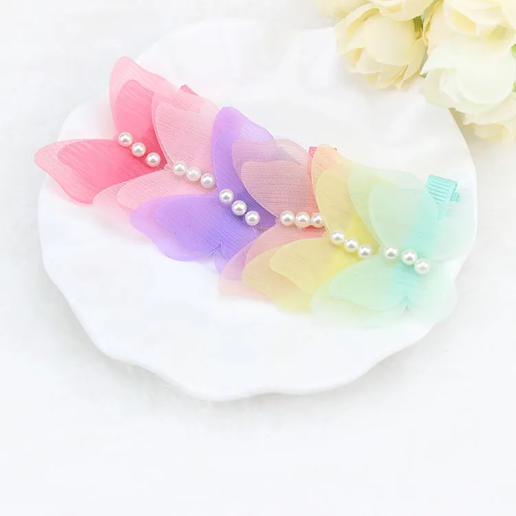 Cute Butterfly Hair bow New Korean Children Girls Barrettes boutique hair bows Bow Pearl Rainbow Color Kids Hair Accessorie 7420