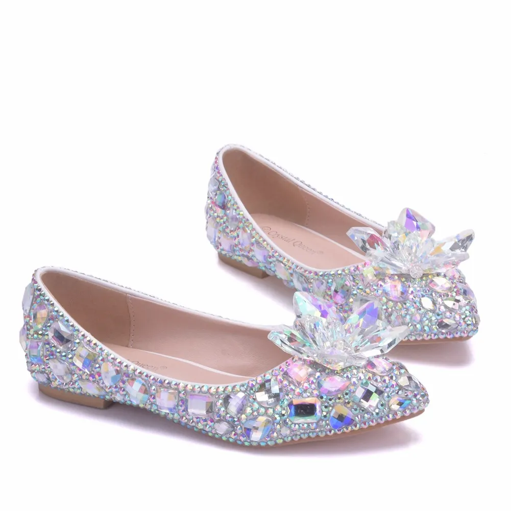 NOWOŚĆ PIĘKNE AB Crystal Women Flats Rhinestone Piżący palce płaskie Eleganckie buty ślubne Odpowiednie Bride Flats 5101904