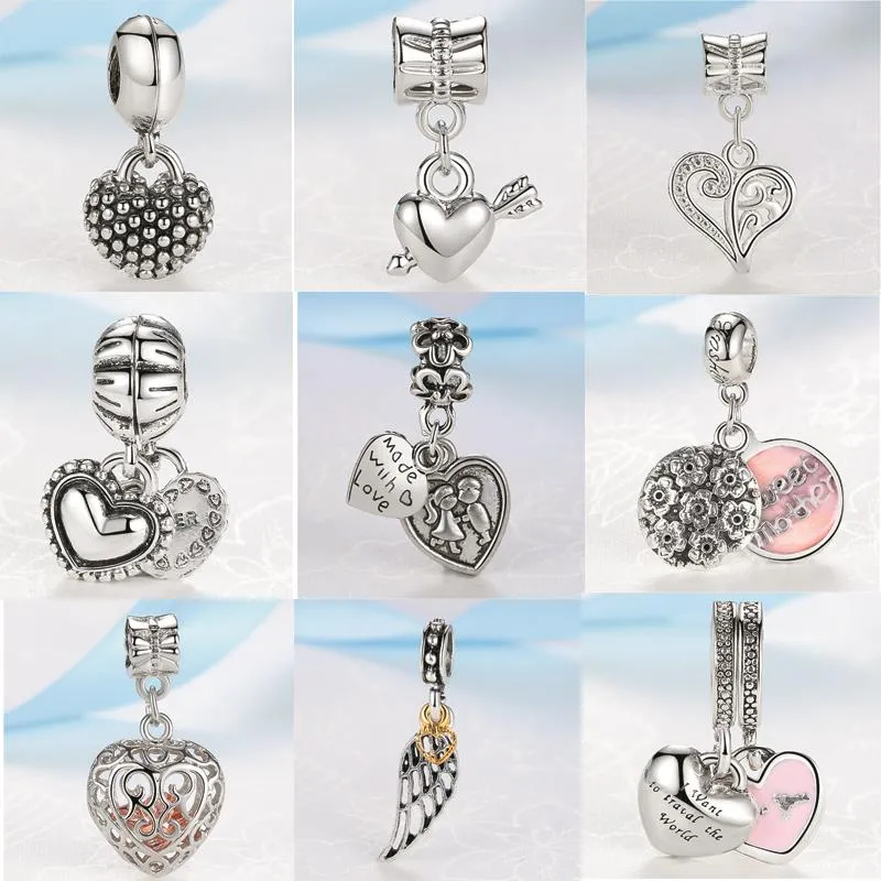 2018 New Silver Plated Bead Charm Angel Wing With Gold Love Heart Pendant Beads Fit  Bracelet & Bangle DIY Jewelry