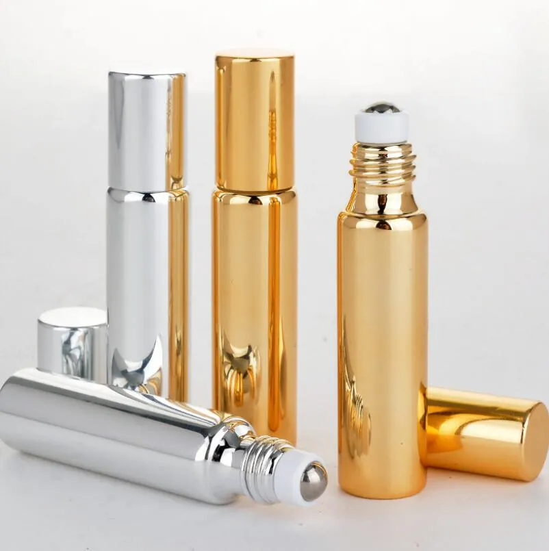 Garrafa 10ml Roll On Black Glass Gold Silver fragrâncias Essencial Perfumes frascos de petróleo com metal Roller Ball LX2395