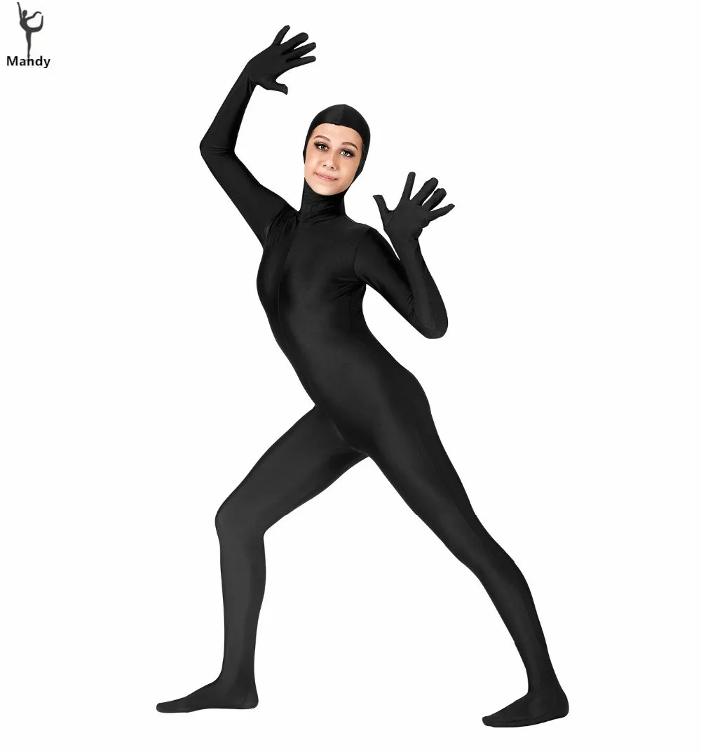 Mulheres Preto Full Body Aberto Face Lycra Spandex Zentai Terno Fato Zipper Capa de Manga Longa Unitard com Pés e Mãos