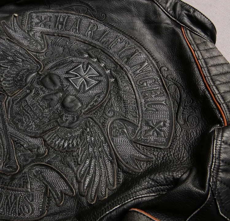 Casacos de couro bordados cabeça do crânio cor preta do vintage motocicleta jaqueta de couro gola