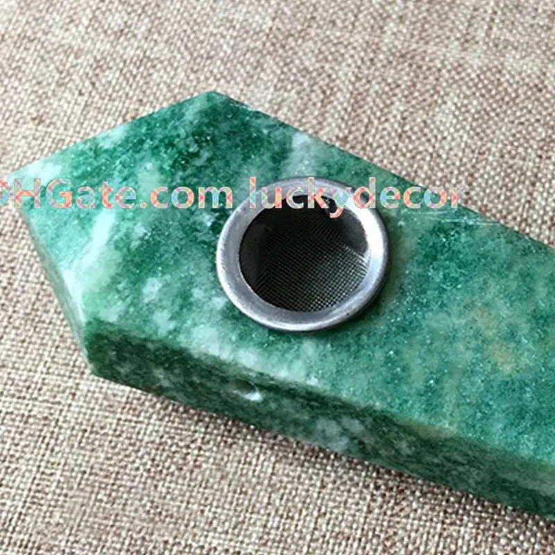 Pipes à fumer en cristal de quartz de jade en pierre naturelle précieuse + filtre en métal sculpté baguettes de tabac en pierres précieuses vertes avec trou de carburateur pour fumer